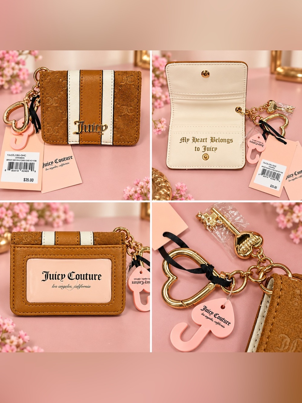 Juicy Couture Tan and White Striped Card & Key Holder with Gold Hardware
